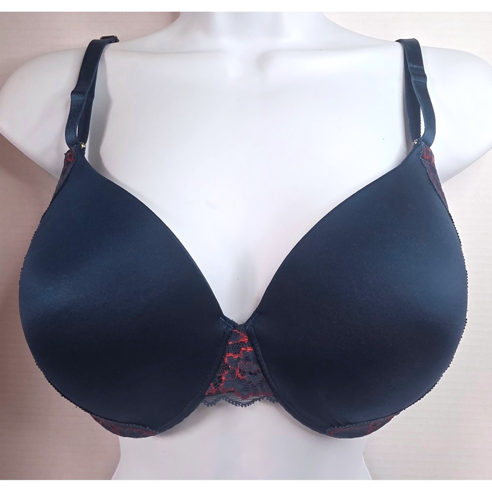 Soma Vanishing Back Full Coverage Lace Trim Bra Navy Blue Red 38B 051801